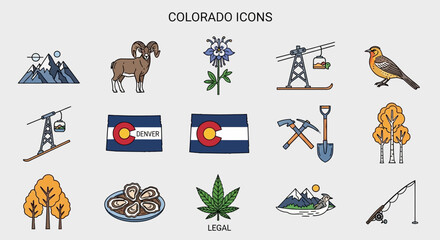 Obraz premium Colorado State Icons A Collection of Symbols Representing The Centennial State's Culture, Nature, and Industry