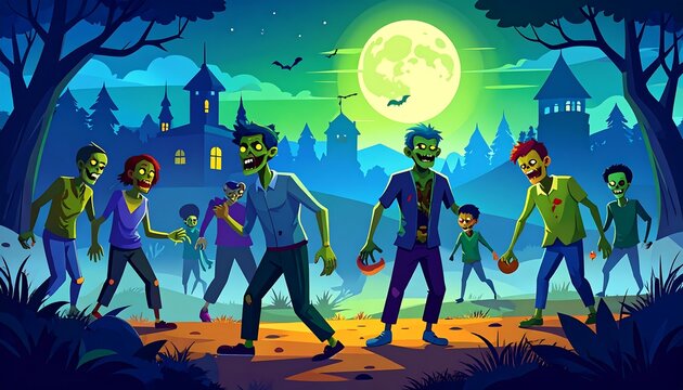 A spooky scene of zombies walking toward the viewer under a bright moon in a cartoonish landscape at night