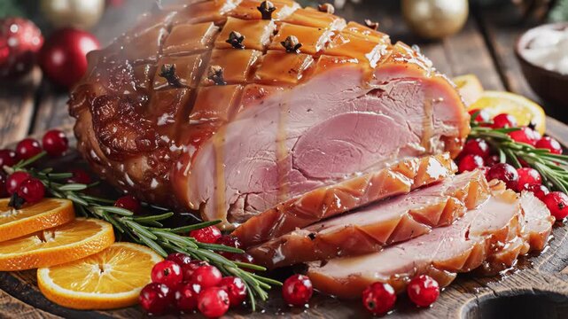 Juicy glazed ham with slices ready for serving on festive table