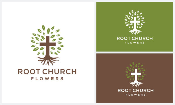 Church Cross Cristian with Root Nature and Leves Nature Flower logo design	