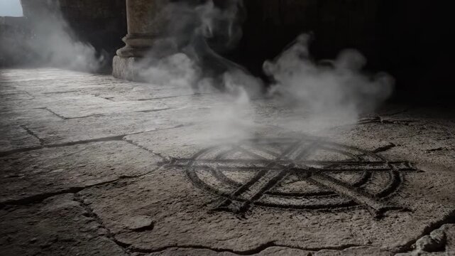 Eerie image of a carved stone symbol, casting a mystical atmosphere. Perfect for fantasy, mystery, or concept art projects, evoking feelings of intrig