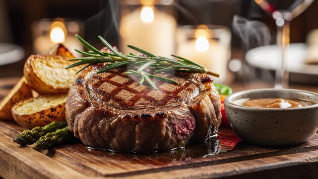 Juicy grilled steak with rosemary and bread on wooden board
