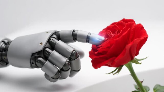 A robotic hand gently touches and interacts with a vibrant red rose, showcasing the delicate balance between futuristic technology and nature in a clean, minimalist studio setting.