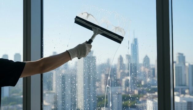 Professional window cleaning service in a high-rise office building with city view
