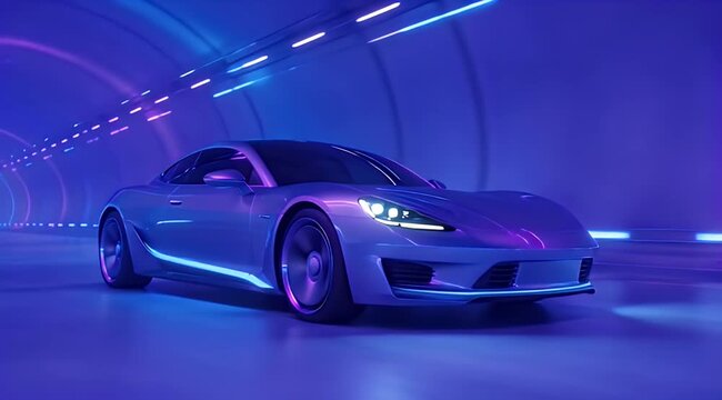 Futuristic blue sports car races through a high-tech glowing tunnel with light trails