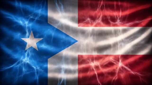 A flag featuring a white star over blue, with stripes of white and red, appearing like energy fields