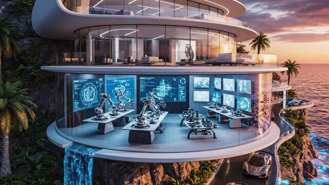 Luxury cliffside ocean-view villa with modern architecture at sunset