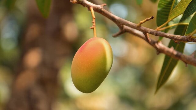 Mango fruit, ripe and hanging from tree branch, vibrant colors, natural setting, symbolizing freshness and nutrition
