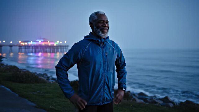A happy senior African American man in a blue windbreaker stands confidently by the ocean at twilight, smiling with a glowing amusement pier in the peaceful background.