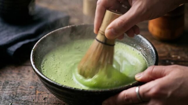 Close up of a hand whisking vibrant green matcha tea in a ceramic bowl on a wooden table for a healthy lifestyle concept and traditional Japanese ritual
