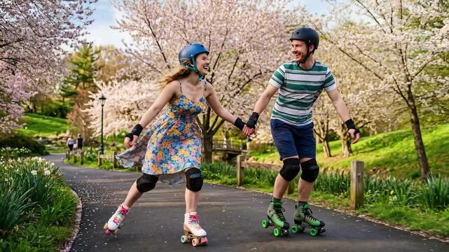 Young happy couple roller skating and holding hands in a park with cherry blossoms for a romantic date concept and active lifestyle