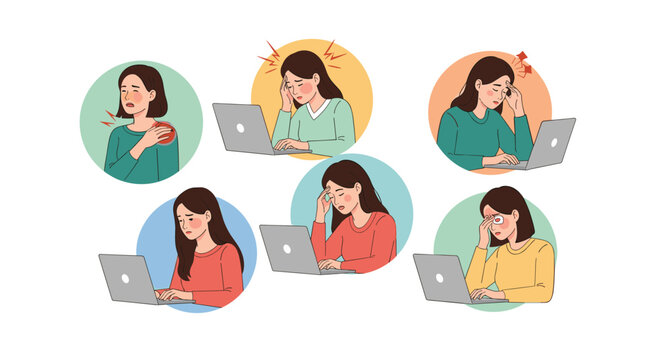 Collection of illustrations of a woman using a laptop while suffering from neck pain, headache, eye strain, and fatigue.