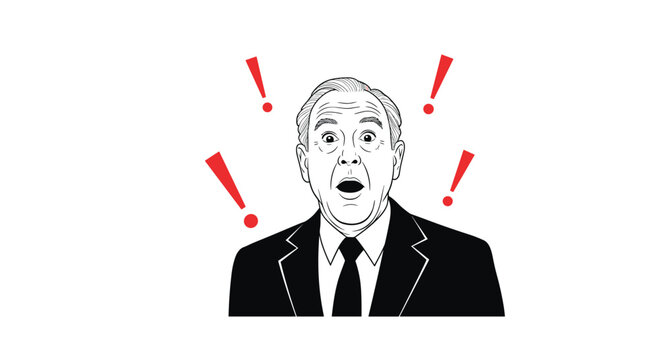 Surprised senior man in a suit looking at camera with mouth open and red exclamation marks floating around his head.