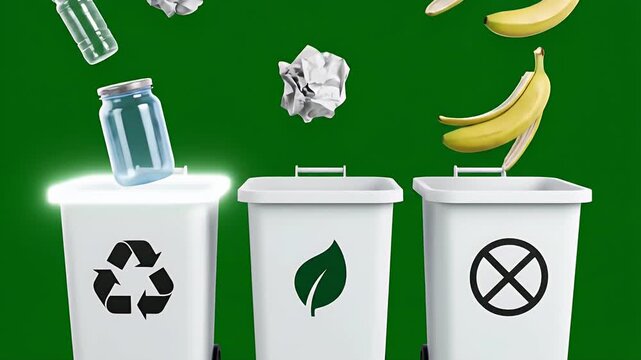 Seamless Loop of Diverse Waste Items Falling into Labeled Recycling Bins Green Background