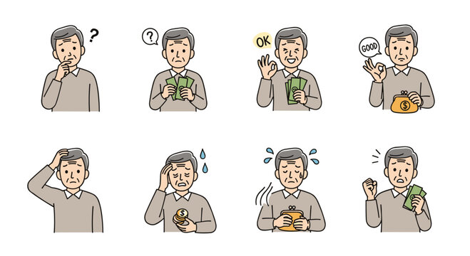 Senior man showing different financial situations including having money, an empty wallet, and being worried about finances.