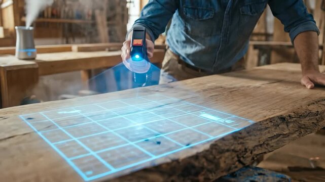 Male Woodworker Using Modern Laser Scanning Technology to Map a Large Live-Edge Wooden Slab in a Traditional Carpentry Workshop, Projecting a Blue Grid for Precision Craftsmanship