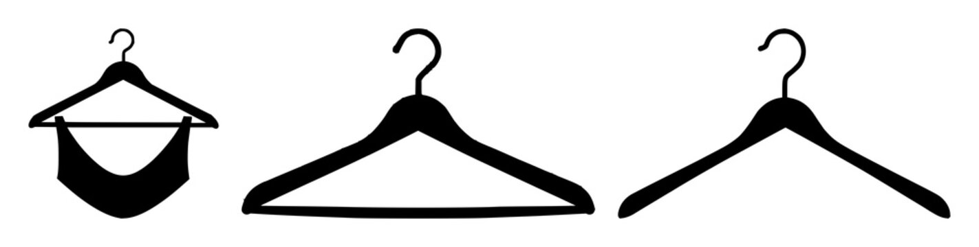 Clothes hanger set with a minimalist vector icon centered on a checkered background featuring thin black outlines, triangular shape, top hook with high contrast and neutral mood