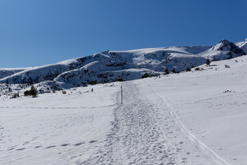 Obraz premium Winter view of Rila Mountain near The Seven Rila Lakes, Bulgaria