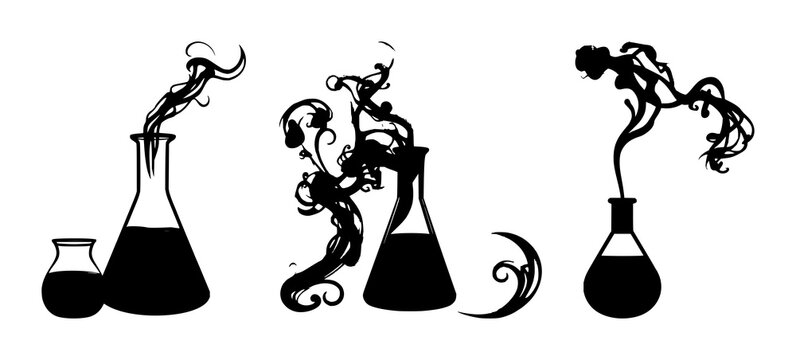 Alchemical beaker set with solid black silhouette and swirling smoke featuring occult science, sharp detail, black and white illustration with mythology and chemistry