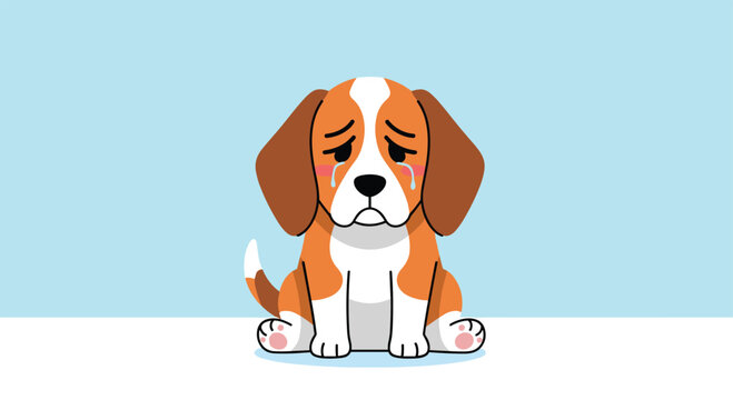Sad beagle puppy sitting on a white floor with tears falling from its eyes against a light blue background representing loneliness.