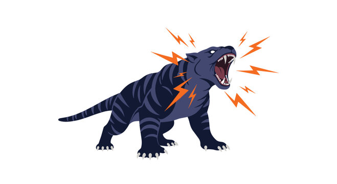 Powerful black panther or tiger roaring fiercely with orange lightning bolts radiating from its head on a clean white background.