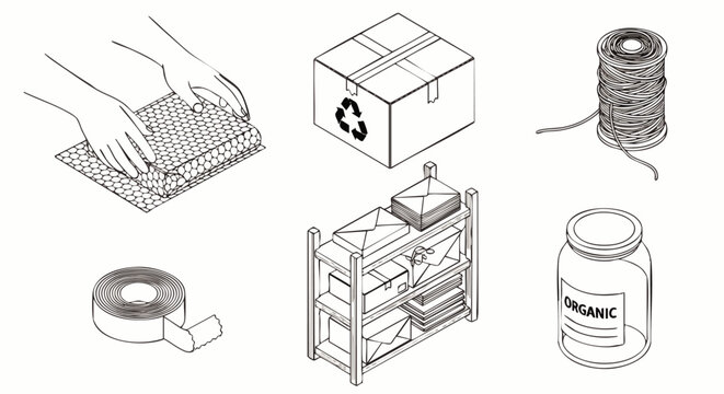 Illustration of packaging and shipping supplies, including bubble wrap, tape, box, string, and shelving with mail.