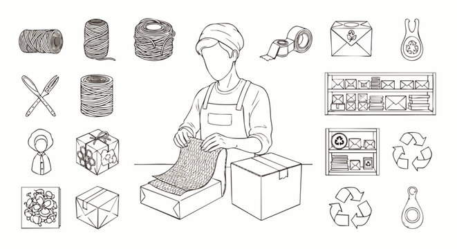 Hand-drawn illustration of a person packing a box with various shipping and packaging supplies, symbolizing e-commerce and logistics.