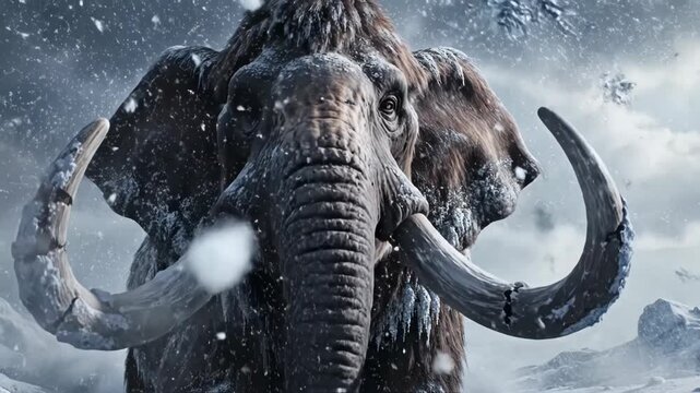 Majestic battle-scarred mammoth in icy landscape with snow and moon