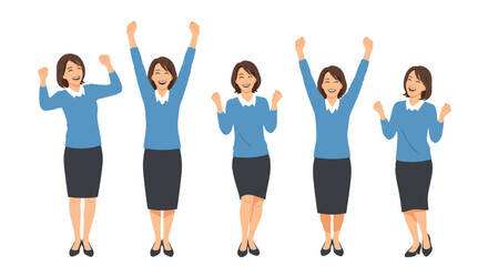 Fototapeta premium Group of five happy businesswomen in corporate attire celebrating together with their arms raised in excitement and victory.