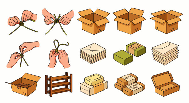 Step-by-step illustration of packing and shipping supplies: boxes, envelopes, and tying knots