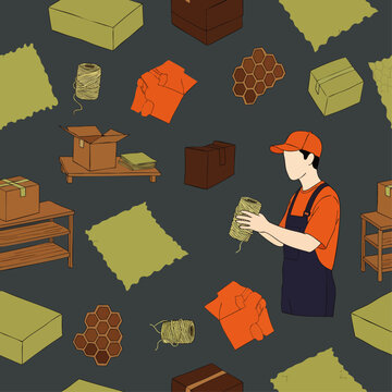 Delivery worker packing boxes with tape and bubble wrap, seamless pattern illustration for logistics and shipping