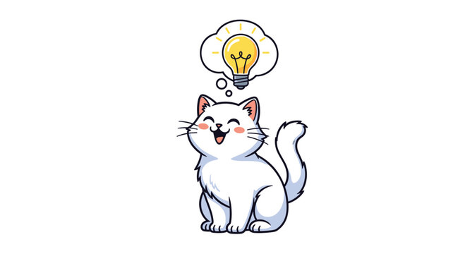 White cartoon cat sitting and thinking of a bright lightbulb idea presented in a cloud thought bubble on a white background.