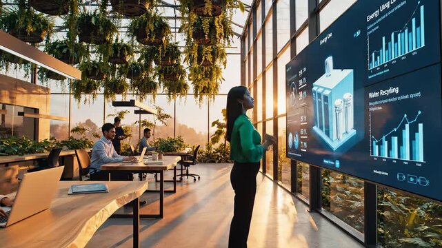 Modern sustainable office with professionals working among lush hanging plants while a woman analyzes energy and water recycling metrics on a large interactive touchscreen at sunset.