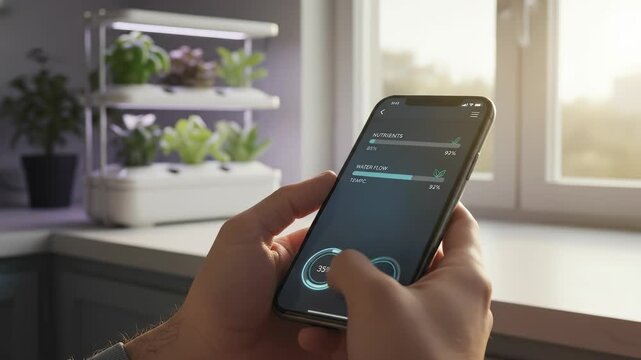 Close up of hands using a smart home app to monitor an indoor hydroponic garden system, tracking nutrient levels, temperature, and water flow for sustainable plant growth.