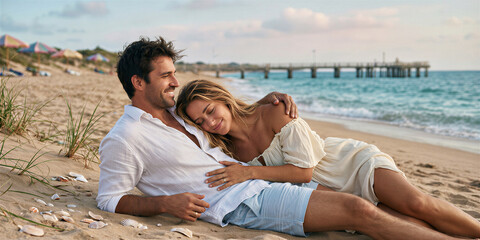 Fototapeta premium Man in white shirt hugs blonde woman lying on beach, with pier, sea, and cloudy blue sky behind them, surrounded by seashells and grasses.