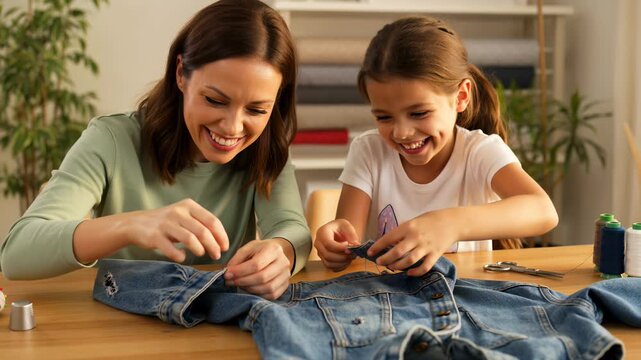 Happy mother teaching her young daughter how to sew and mend a denim jacket at home, sharing a joyful bonding moment while doing DIY crafts and creative repairs together in a room.