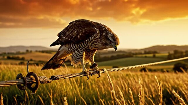 Majestic falcon perched on a tightrope during sunset in open countryside