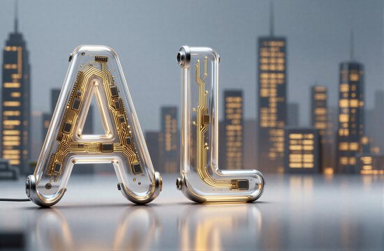 Transparent "AI" letters with circuitry glowing against a city