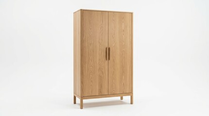 A modern, minimalist oak wood wardrobe with clean lines and brass handles stands against a clean white background, showcasing natural wood tones and a bright, airy mood.
