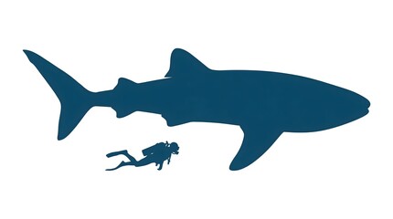 Obraz premium Whale shark and scuba diver silhouette, ocean scale comparison illustration isolated on white background 