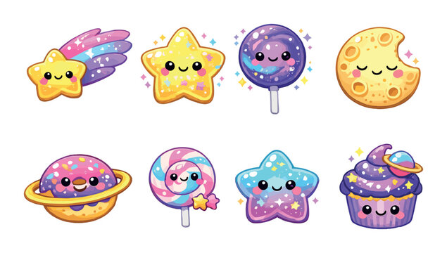 Star, lollipop, moon cookie and space sweets on background