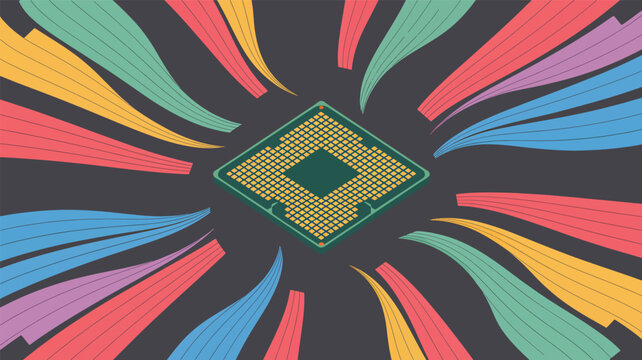 Green computer processor chip with colorful abstract lines radiating outwards, computer chip 