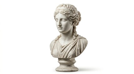 Obraz premium A classical marble bust of a young woman with braided hair, presented in a studio portrait with a clean white background and soft lighting.