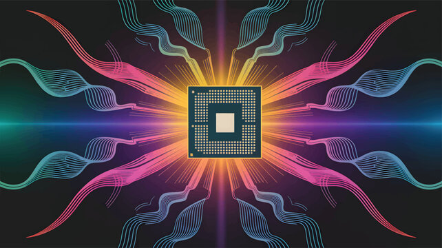 Central processing unit with colorful radiating lines and abstract waves, a processor microchip