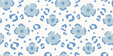 Blue floral leopard print seamless pattern, hibiscus flower camouflage texture for trendy fashion and wallpaper  © Little Joy Designs