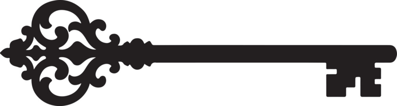 Skeleton key with ornate bow and long stem silhouette vector