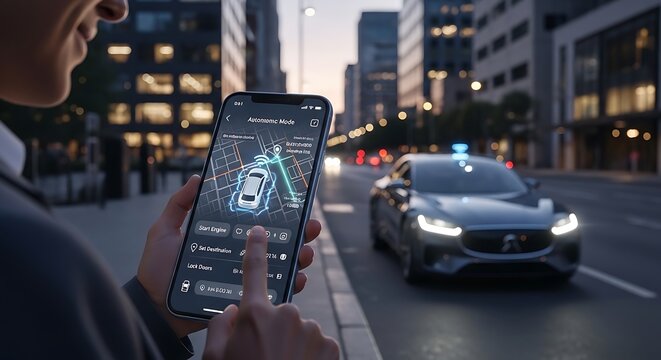 Person uses smartphone app to control car on city street at dusk, futuristic, technological