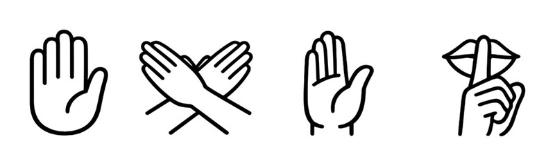 Obraz premium Hand gesture icons showing raised stop crossed palms and shush on dark
