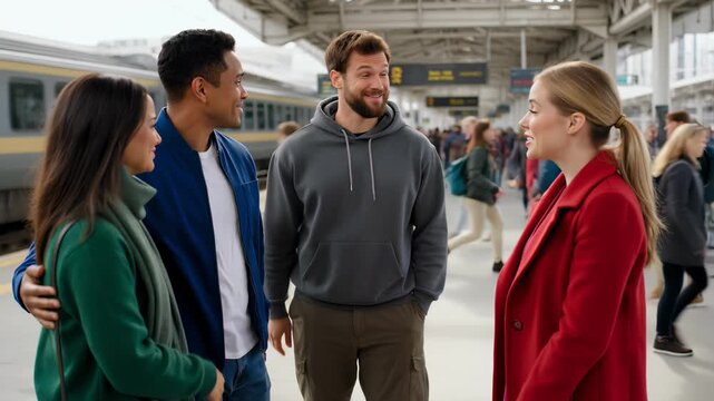 Group of diverse young friends sharing an emotional group hug and talking happily on a busy train station platform as they reunite or say goodbye during a winter journey.