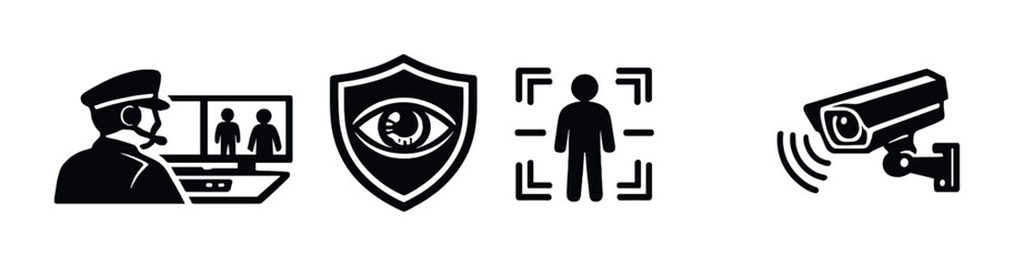 Security monitoring icons with guard shield and cctv unit